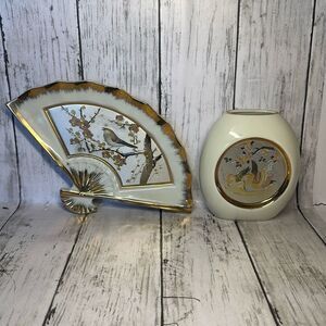 The Art of Chokin Engraved Bird Gold Rimmed Home Decor‎ Fan and Vase